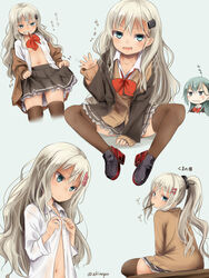  2girls :d akino_shuu alternate_hairstyle aqua_eyes blonde_hair blouse blue_background blush bow brown_cardigan brown_legwear brown_skirt brown_sweater buttons cardigan commentary_request cosplay eighth_note food grecale_(kancolle) green_eyes green_hair grin hair_between_eyes hair_ornament hairbow hairclip heart jacket kantai_collection long_hair long_sleeves mouth_hold multiple_girls multiple_views musical_note navel neck_ribbon oerba_yun_fang open_mouth orange_ribbon oversized_clothes pink_bow pleated_skirt pocky ponytail ribbon shirt simple_background skirt smile suzuya_(kancolle) suzuya_(kancolle)_(cosplay) suzuya_kai_ni_(kancolle) sweater sweater_jacket thighhighs translation_request white_shirt 