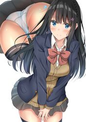  ass black_hair black_jacket black_legwear black_skirt blazer blue_eyes blunt_bangs blush braid breasts brown_cardigan cardigan closed_mouth collared_shirt commentary covering_crotch covering_privates cowboy_shot crotch female flying_sweatdrops hair_ornament hairclip highres jacket long_hair long_sleeves looking_at_viewer medium_breasts mtu_virus multiple_views original panties pleated_skirt school_uniform shirt sidelocks simple_background skirt sunsun2812 sweatdrop thighhighs thighs underwear uniform upskirt white_background white_shirt zettai_ryouiki 