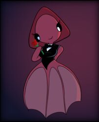  black_tie_(suit) bow_(feature) bow_tie cephalopod clothing coleoid decapodiform female flower hand_behind_back hi_res holding_object krackdown9 looking_at_viewer marine mollusk octopodiform pasiphae_(krackdown9) plant smile solo standing suit vampire_squid 