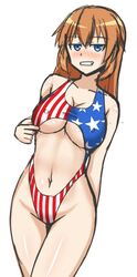  american_flag american_flag_print american_flag_swimsuit arm_behind_back blue_eyes blush breasts brown_hair charlotte_e._yeager cleavage clothing_cutout commentary_request covered_nipples female flag_print grin groin hachimitsu-b highleg highleg_swimsuit jpeg_artifacts large_breasts long_hair navel navel_cutout nose_blush one-piece_swimsuit smile solo strike_witches swimsuit thigh_gap thighs underboob underboob_cutout white_background world_witches_series 