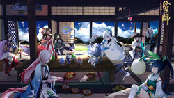  3boys 6+girls :3 absurdres animal_ears annotated aobouzu_(onmyoji) barefoot black_hair blonde_hair blue_eyes brown_eyes brown_hair chef_no_kimagure_salad closed_eyes commentary_request enenra_(onmyoji) facing_away flower food green_eyes grey_hair hair_flower hair_ornament hand_fan highres holding holding_fan horns hotarugusa_(onmyoji) ice_shaver ichimoku_ren_(onmyoji) indoors kamikui_(onmyoji) long_hair looking_away mask mouse_ears multiple_boys multiple_girls official_art onmyoji onmyouji ponytail seiza shaved_ice short_hair shouzu_(onmyoji) sitting smile summer table tesso_(onmyoji) thighhighs white_hair white_legwear wind_chime youko_(onmyoji) yuki_onna_(onmyoji) 