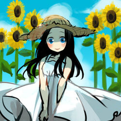  black_hair blue_eyes blush commentary_request coppelion day dress female flower hat ikarimame long_hair looking_at_viewer outdoors ozu_shion sky smile solo straw_hat sundress sunflower white_dress 