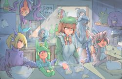  6+girls :q ahoge alternate_costume animal_ears animal_hands anubean anubis_(monster_girl_encyclopedia) apron black_hair blonde_hair blue_hair bottle bowl brown_hair commentary cookie cooking dragon_(monster_girl_encyclopedia) feline fins food gazer_(monster_girl_encyclopedia) green_eyes green_hair hat head_fins horns indoors jabberwock_(monster_girl_encyclopedia) kikimora_(monster_girl_encyclopedia) kitchen lilim_(monster_girl_encyclopedia) long_hair maid maid_apron manticore_(monster_girl_encyclopedia) mermaid mermaid_(monster_girl_encyclopedia) mob_cap mofucore monster_girl monster_girl_encyclopedia multiple_girls naked_apron nanostar purple_hair red_eyes reri_(elh) smile tail tongue tongue_out unworn_hat unworn_headwear upside-down ushi-oni_(monster_girl_encyclopedia) victoria_(lilim) white_apron white_hair window wings yellow_eyes 