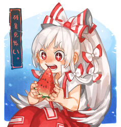  +_+ bad_id bad_pixiv_id big_hair blush ear_blush female food fruit fujiwara_no_mokou full-face_blush hair_ribbon high_ponytail highres long_hair open_mouth photoshop_(medium) red_eyes ribbon short_sleeves solo touhou tress_ribbon watermelon white_hair yai_(hachihito) 