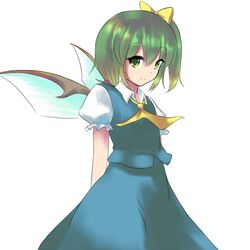  arms_behind_back ascot commentary_request cowboy_shot daiyousei fairy_wings female green_eyes green_hair hair_ribbon head_tilt highres looking_at_viewer orinpachu puffy_short_sleeves puffy_sleeves ribbon short_hair short_sleeves side_ponytail simple_background skirt skirt_set smile solo touhou white_background wings 