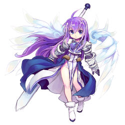  armor aselia_bluespirit boots commentary_request dress eien_no_aselia eternity_sword_series female gauntlets highres long_hair panties polearm purple_eyes purple_hair shigehiro_(hiroi_heya) solo spear underwear weapon wings 