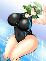  adidas akasode_(tyaramu) blush breasts commentary_request competition_swimsuit covered_navel female green_hair highres huge_breasts kazami_yuuka one-piece_swimsuit one_eye_closed parody pool poolside red_eyes short_hair sitting soaking_feet solo swimsuit thighs tile_floor tiles touhou water 