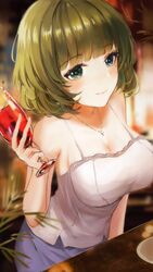  absurdres alcohol bad_id bad_pixiv_id bare_shoulders blue_eyes blue_skirt blurry blurry_background breasts brown_hair camisole chinese_commentary cleavage commentary cup dr_woodpecker drinking_glass female green_eyes heterochromia highres hip_focus idolmaster idolmaster_cinderella_girls indoors jewelry large_breasts mole mole_under_eye necklace short_hair sitting skirt smile solo swept_bangs takagaki_kaede white_camisole wine wine_glass 