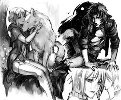  1boy animal animalization bodysuit cape cheza close-up closed_mouth crying female fur greyscale jacket kiba lips looking_at_viewer monochrome nozoki_davis open_mouth profile sitting tears wolf wolf&#039;s_rain 