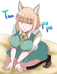  animal_ears bell black_socks blonde_hair blush breasts cat_ears character_name commentary_request female kneehighs kuraishi_tanpopo large_breasts school_uniform sekitaku short_hair skirt slit_pupils socks solo witch_craft_works yellow_eyes 