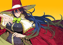  black_hair blue_hair blush breasts cape commentary_request female glasses hat kagari_ayaka large_breasts long_hair photoshop_(medium) school_uniform solo tamori_tadaji witch_craft_works witch_hat 