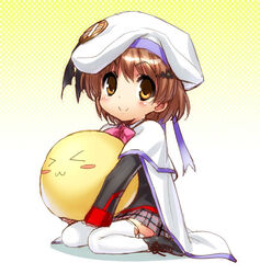  &gt;_&lt; bat_hair_ornament blush blush_stickers bow bowtie brown_eyes brown_hair cape clannad closed_eyes commentary_request company_connection cosplay dango_daikazoku female hair_ornament hat key_(company) large_buttons little_busters! little_busters!_school_uniform lolicon noumi_kudryavka noumi_kudryavka_(cosplay) okazaki_ushio photoshop_(medium) plaid plaid_skirt ribbon sailor_hat school_uniform short_hair skirt sleeves_past_wrists smile solo thighhighs zen_(kamuro) 