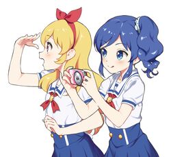  2girls :d aida_takanobu aikatsu! aikatsu!_(series) blonde_hair blue_eyes blue_hair blush breasts camera commentary_request hair_ribbon hairband hoshimiya_ichigo kiriya_aoi long_hair multiple_girls open_mouth red_eyes ribbon short_sleeves side_ponytail skirt small_breasts smile 