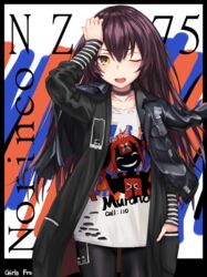  alternate_costume black_choker black_coat black_hair black_jacket black_pants blush border brown_eyes casual character_name character_print choker clothes_writing coat collarbone commentary cz75_(girls&#039;_frontline) female girls&#039;_frontline hair_between_eyes hand_in_pocket hand_on_own_head highres ivan_wang jacket jacket_on_shoulders long_hair long_sleeves looking_at_viewer nz75_(girls&#039;_frontline) one_eye_closed open_mouth outside_border pants shirt sidelocks solo striped_clothes striped_shirt very_long_hair 