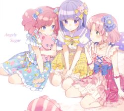  3girls :o aikatsu! aikatsu!_(series) amahane_madoka arm_support blue_bow blue_eyes blue_ribbon blunt_bangs blush booota bow bowtie buttons closed_mouth collarbone commentary cross-laced_clothes dress drill_hair duplicate earrings english_text eye_contact floral_print flower frilled_dress frilled_sleeves frills from_above glove_bow gloves green_eyes hair_flower hair_ornament hair_ribbon hairbow hands_on_own_knees heart heart_button heart_print hikami_sumire holding holding_stuffed_toy jewelry kitaoji_sakura long_hair looking_at_another multiple_girls necklace parted_bangs parted_lips pearl_necklace pendant pink_dress pink_hair pixel-perfect_duplicate plaid plaid_skirt polka_dot polka_dot_bow print_bow print_dress puffy_short_sleeves puffy_sleeves purple_eyes purple_hair ribbon rose_print sailor_collar short_hair short_sleeves sidelocks signature sitting skirt skirt_set sleeveless smile stuffed_animal stuffed_toy suspender_skirt suspenders teddy_bear teddy_bear_hair_ornament twin_drills twintails v_arms wariza white_background white_gloves wrist_cuffs yellow_bow yellow_bowtie yellow_skirt yokozuwari 