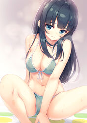  bikini black_hair blue_eyes blunt_bangs blush breasts cleavage commentary_request eromanga_sensei female front-tie_bikini_top front-tie_top green_bikini halterneck highres indoors long_hair looking_at_viewer medium_breasts navel photoshop_(medium) revision sitting solo swimsuit takasago_tomoe tomifumi twister wet 