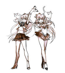  2girls aino_minako arm_up artemis_(sailor_moon) back_bow bad_id bad_pixiv_id bare_legs bishoujo_senshi_sailor_moon bow codename_wa_sailor_v commentary_request crescent crescent_facial_mark dual_persona facial_mark feline full_body hairbow half_updo kubota_heaven long_hair magical_girl mask monochrome multiple_girls navel one_eye_closed ribbon sailor_senshi_uniform sailor_v sailor_venus shoes skirt smile strappy_heels v white_background 