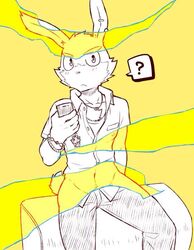  anthro clothed clothing cotton_(artist) front_view fully_clothed holding_object lagomorph leporid male mammal rabbit simple_background solo yellow_background 