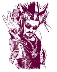  1boy arm_up beard card chains collar commentary_request duel_disk dyed_bangs facial_hair gold_chain greyscale highres jewelry male_focus meme millennium_puzzle monochrome monogatari_(series) moustache muto_yugi necklace nusret_gokce sakkan salt salt_bae_(meme) simple_background skull_servant solo spiked_hair standing sunglasses tank_top upper_body white_background wrist_cuffs yu-gi-oh! 