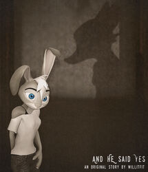  3d_(artwork) blue_eyes bottomwear canid canine clothed clothing denim denim_bottomwear denim_clothing digital_media_(artwork) disney duo english_text fox hair hi_res jeans june_(striped_sins) lagomorph leporid mammal off_shoulder pants rabbit shadow shirt silhouette solo_focus source_filmmaker_(artwork) t-shirt text topwear white_hair willitfit zootopia 