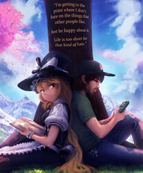  1boy ?_block amoralcrow back-to-back baseball_cap beard bird blonde_hair book braid brown_hair cherry_blossoms day denim english_text facial_hair female flock gabe_newell game_boy game_boy_(original) grass handheld_game_console hat highres holding holding_book jeans kirisame_marisa long_hair mountain mountainous_horizon pants photoshop_(medium) playing_games shirt short_hair short_sleeves sitting t-shirt todd_howard touhou tree vinesauce vineshroom vinny_(vinesauce) yellow_eyes 