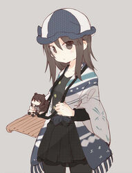  alternate_costume alternate_headwear black_pantyhose black_shirt black_skirt blue_hat blue_shawl brown_eyes brown_hair carrying character_doll closed_mouth commentary cowboy_shot eyes_visible_through_hair finnish_clothes fringe_trim fud girls_und_panzer grey_background hat holding holding_instrument instrument kantele light_frown long_hair looking_at_viewer mika_(girls_und_panzer) miniskirt nishizumi_maho pantyhose pleated_skirt shawl shirt short_hair simple_background skirt standing 