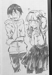  1boy ? bob_cut body_switch commentary_request confused constricted_pupils dagashi_kashi female fingers_to_cheek graph_paper greyscale hairband hand_on_own_head highres hood hoodie ink_(medium) kotoyama looking_at_another monochrome open_mouth pantyhose personality_switch photo_(medium) shidare_hotaru shikada_kokonotsu short_hair short_sleeves smile suspenders traditional_media 