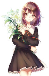  black_dress black_eyes black_hair blush closed_mouth collarbone commentary_request cowboy_shot dayu_edora dress female flower flowers_(innocent_grey) hair_flower hair_ornament holding holding_flower kousaka_mayuri lily_(flower) long_sleeves looking_at_viewer medium_hair neck_ribbon photoshop_(medium) red_ribbon ribbon simple_background smile solo white_background 