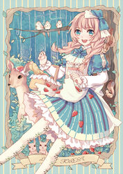  animal basket bird blue_eyes braid bread commentary_request deer english_text female food fruit hair_over_shoulder lolita_fashion long_hair mysterymiharu open_mouth original pantyhose rabbit solo squirrel strawberry tree twin_braids 