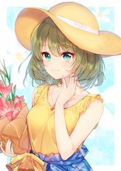  bad_id bad_pixiv_id blue_background blue_eyes blue_skirt border bouquet breasts brown_hair collarbone commentary_request female floral_background flower gladiolus green_eyes hand_on_own_cheek hand_on_own_face hat heterochromia holding holding_bouquet idolmaster idolmaster_cinderella_girls idolmaster_cinderella_girls_starlight_stage jewelry looking_at_viewer medium_breasts mole mole_under_eye necklace pendant pf pink_flower shirt short_hair skirt sleeveless smile solo sun_hat takagaki_kaede white_border yellow_shirt 