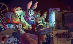  alcohol anthro bat beverage canid canine chips_(food) disney electronics female fennec_fox film_(disambiguation) finnick_(zootopia) food fox fur furniture group hi_res judy_hopps lagomorph leporid male mammal nick_wilde plant poster potato_chips rabbit red_fox sewing_machine snacks sofa television toothpick true_fox wagon_wheel wine yohiri zootopia 