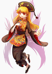  black_dress chinese_clothes commentary_request crescent dress female fox_(770205490) fox_tail hand_on_own_chest hat highres junko_(touhou) long_hair long_sleeves multiple_tails open_mouth orange_hair red_eyes ribbon sash simple_background smile solo tabard tail touhou white_background wide_sleeves 