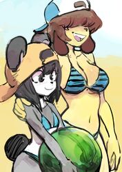  anthro beach bear big_breasts bikini black_body black_eyes black_fur black_hair breast_size_difference breasts brown_hair canid canine canis clothing colo domestic_dog duo female flat_chested food fruit fur giant_panda hair hair_over_eyes hat headgear headwear ken_ashcorp kenny_(kenashcorp) mammal melon open_mouth open_smile plant sam_kensington seaside smile swimwear watermelon white_body white_fur yellow_body yellow_fur 