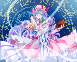  aiming aiming_at_viewer bad_id bad_pixiv_id blue_background book bow breasts cleavage commentary_request crescent crescent_hair_ornament dress female foreshortening greek_text hair_ornament hairbow hand_up hat hat_ribbon highres kamitsuki_shion large_breasts light_trail long_hair looking_at_viewer magic_circle mob_cap open_mouth outstretched_hand partial_commentary patchouli_knowledge purple_eyes purple_hair ranguage ribbon robe runes sidelocks solo striped_clothes striped_dress touhou very_long_hair zodiac 