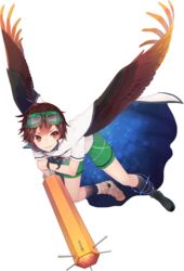  1boy adapted_costume alternate_hairstyle arm_cannon asymmetrical_legwear black_wings cape commentary_request flying full_body genderswap_(ftm) grin highres keemoringo looking_to_the_side male_focus orange_eyes reiuji_utsuho rule_63 scar shirt short_sleeves shorts simple_background smile solo third_eye touhou uneven_legwear weapon white_background wings 