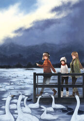  3girls akatsuki_miho akemiho_tabi_nikki bad_id bad_pixiv_id beanie bird black_hair black_legwear blush boots brown_eyes brown_hair flock fukube_tamaki fur_hat gendai_ninjakko_zukan glasses gloves hat highres jacket kouno_hikaru lake long_hair multiple_girls oribe_shiori outdoors pantyhose red_eyes short_hair skirt swan winter_clothes 