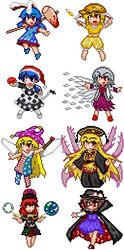  6+girls ambiguous_red_liquid animal_ears bad_id bad_pixiv_id blonde_hair blue_hair brown_hair cape clownpiece doremy_sweet dress floppy_ears glasses grey_hair hat hecatia_lapislazuli jester_cap junko_(touhou) kine kishin_sagume legacy_of_lunatic_kingdom long_hair long_sleeves mallet multiple_girls nightcap pantyhose pixel_art rabbit_ears red_hair reimufate ringo_(touhou) seiran_(touhou) shirt shoes short_hair short_sleeves single_wing skirt t-shirt tail tapir_tail touhou touhou_ningyougeki usami_sumireko vest white_background wings 