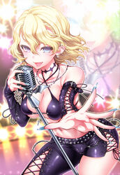  bare_shoulders blonde_hair blue_eyes blue_nails blush breasts cleavage commentary_request detached_sleeves earrings fangs female fingernails genderswap_(mtf) hizuki_akira idol jewelry large_breasts lestat_de_lioncourt looking_at_viewer microphone moeru!_jiten moeru!_vampire_jiten nail_polish navel open_mouth outstretched_hand pointy_ears rule_63 short_hair smile solo the_vampire_chronicles the_vampire_lestat 