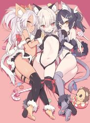  3girls :d animal_ear_fluff animal_ears animal_hands ass bare_shoulders bell black_hair black_leotard black_skirt black_thighhighs blade_(galaxist) blush breasts brown_eyes brown_legwear candy candy_cane cat_ears cat_girl cat_tail center_opening chloe_von_einzbern chloe_von_einzbern_(beast_style) commentary_request dark-skinned_female dark_skin fate/kaleid_liner_prisma_illya fate_(series) food fur girl_sandwich gloves grin groin hair_bell hair_between_eyes hair_ornament hair_ribbon hairclip highleg highleg_leotard illyasviel_von_einzbern illyasviel_von_einzbern_(beast_style) jingle_bell leotard lollipop long_hair looking_at_viewer lying macaron miyu_edelfelt miyu_edelfelt_(beast_style) multiple_girls navel oerba_yun_fang official_alternate_costume on_back on_side open_mouth paw_gloves paw_shoes purple_legwear purple_shirt red_eyes red_ribbon ribbon sandwiched shirt shoes skin_fang skirt sleeveless sleeveless_shirt small_breasts smile soles swirl_lollipop tail thighhighs twintails very_long_hair white_hair 