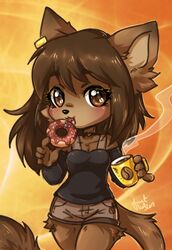  2018 accessory annetpeas anthro beverage blush breasts brown_body brown_eyes brown_fur chibi clothed clothing coffee dessert domestic_cat doughnut felid feline felis female food fully_clothed fur hair_accessory hairclip looking_at_viewer mammal pastry solo 