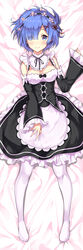  absurdres apron asymmetrical_bangs bed_sheet black_ribbon black_skirt blue_eyes blue_hair blush breasts choker cleavage commentary_request dakimakura_(medium) detached_sleeves eyes_visible_through_hair female flower frilled_apron frilled_skirt frills from_above full_body hair_flower hair_ornament hair_over_one_eye hair_ribbon head_wreath highres kasoke_no_tsubasa looking_at_viewer lying maid medium_breasts neck_ribbon on_back photoshop_(medium) re:zero_kara_hajimeru_isekai_seikatsu red_ribbon rem_(re:zero) ribbon ribbon-trimmed_sleeves ribbon_trim roswaal_mansion_maid_uniform short_hair skirt smile solo white_apron white_flower white_legwear 