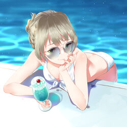  bad_id bad_pixiv_id bikini blush breasts cherry cleavage closed_mouth cup drink drinking_glass female fingernails food front-tie_top fruit furururu green_eyes heterochromia holding holding_cup idolmaster idolmaster_cinderella_girls large_breasts looking_at_viewer mole mole_under_eye nail_polish pool smile solo sunglasses swimsuit takagaki_kaede water white_bikini 