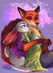  anthro canid canine disney duo female fox fur hi_res judy_hopps lagomorph leporid male mammal nick_wilde rabbit red_fox true_fox yohiri zootopia 