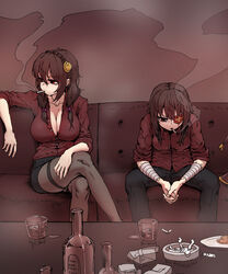  absurdres alcohol ashtray bandaged_arm bandages black_hair braid breasts cigarette cleavage contemporary crossed_legs crown_braid dress_shirt dungbae eyepatch hair_between_eyes hair_ornament hair_over_shoulder half-closed_eyes hat hat_removed headwear_removed highres kono_subarashii_sekai_ni_shukufuku_wo! korean large_breasts leaning_forward looking_away medium_hair megumin miniskirt multiple_girls own_hands_together pantyhose pencil_skirt red_eyes shirt sitting skirt sleeves_rolled_up small_breasts smoking thighband_pantyhose yunyun_(konosuba) 