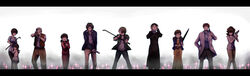  5boys 5girls absurdres aiming aiming_at_viewer brown_hair closed_umbrella commentary_request crowbar everyone fire_poker grey_hair gun hammer handgun highres holding holding_crowbar letterboxed maeda_tomoko makino_kei mihama_naoko miyata_shirou multiple_boys multiple_girls ni-ma onda_risa revolver rifle scared shimura_akira_(siren) siren_(series) siren_1 suda_kyouya takato_reiko takeuchi_tamon umbrella weapon yomoda_harumi 