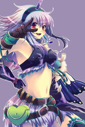  armpits bare_shoulders belt black_gloves blush boooo-im bra commentary_request female garter_straps gloves grey_hair groin hairband heart highres horns jewelry kirin_(armor) long_hair midriff monster_hunter_(character) monster_hunter_(series) monster_hunter_4 navel necklace open_mouth outline pendant purple_background purple_thighhighs red_eyes single_horn skirt smile solo thighhighs underwear v v_over_eye 