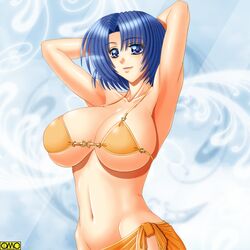  bikini blue_eyes blue_hair breasts large_breasts omc smile 