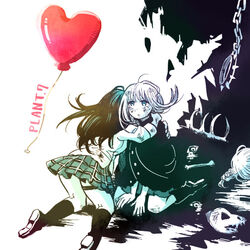  2girls back balloon black_hair blue_eyes bone boots braid chains coat collar commentary_request coppelion crying crying_with_eyes_open english_text heart_balloon hug ikarimame itami_setsuna kneehighs kneeling long_hair looking_up miniskirt multiple_girls naruse_ibara pale_skin plaid plaid_skirt pleated_skirt shirt skirt socks spiked_collar spikes spoilers tears torn_clothes torn_coat white_background white_shirt 