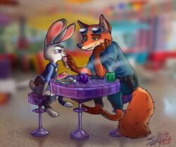  2016 abstract_background anthro barefoot beverage blush canid canine clothed clothing coffee dessert disney doughnut duo feet female food fox fur green_eyes inner_ear_fluff judy_hopps lagomorph leporid male mammal nick_wilde pastry police police_officer_eating_donut police_uniform purple_eyes rabbit red_fox restaurant sitting size_difference true_fox tuft uniform yohiri zootopia 