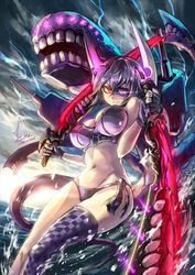  abyssal_ship bikini breasts checkered_clothes checkered_legwear commentary_request dark_persona dual_wielding eyepatch female gloves glowing glowing_eye headgear holding kantai_collection kito_(kito2) large_breasts partially_fingerless_gloves purple_hair short_hair single_thighhigh solo swimsuit sword tenryuu_(kancolle) thighhighs weapon yellow_eyes 